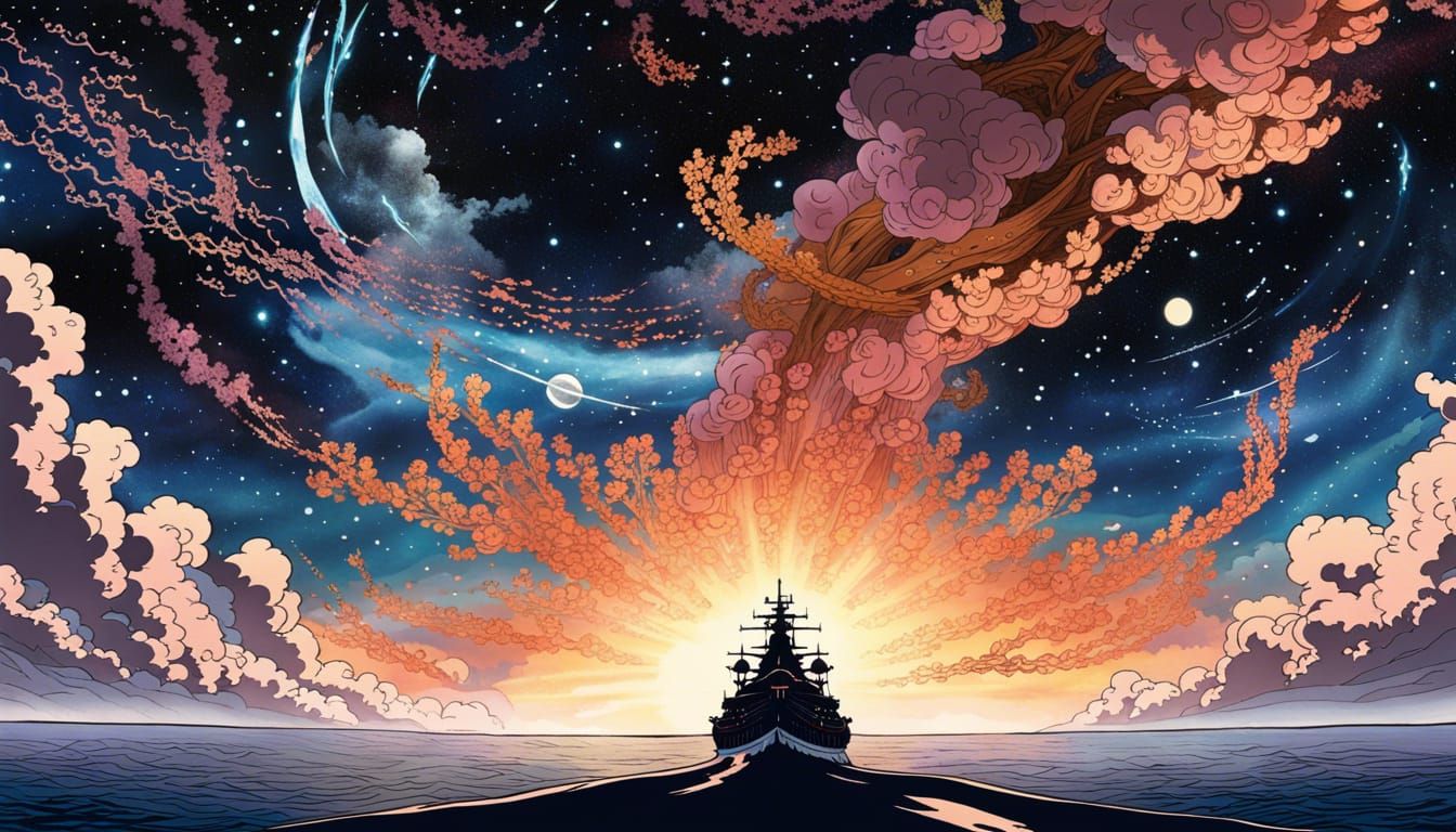 Battleship Yamato in Ethereal Ukiyo-e Style