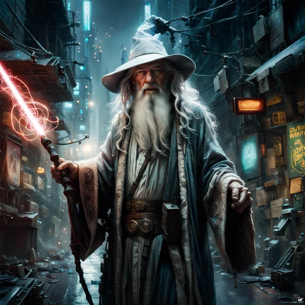 Cyberpunk Robot Gandalf with Laser Magic
