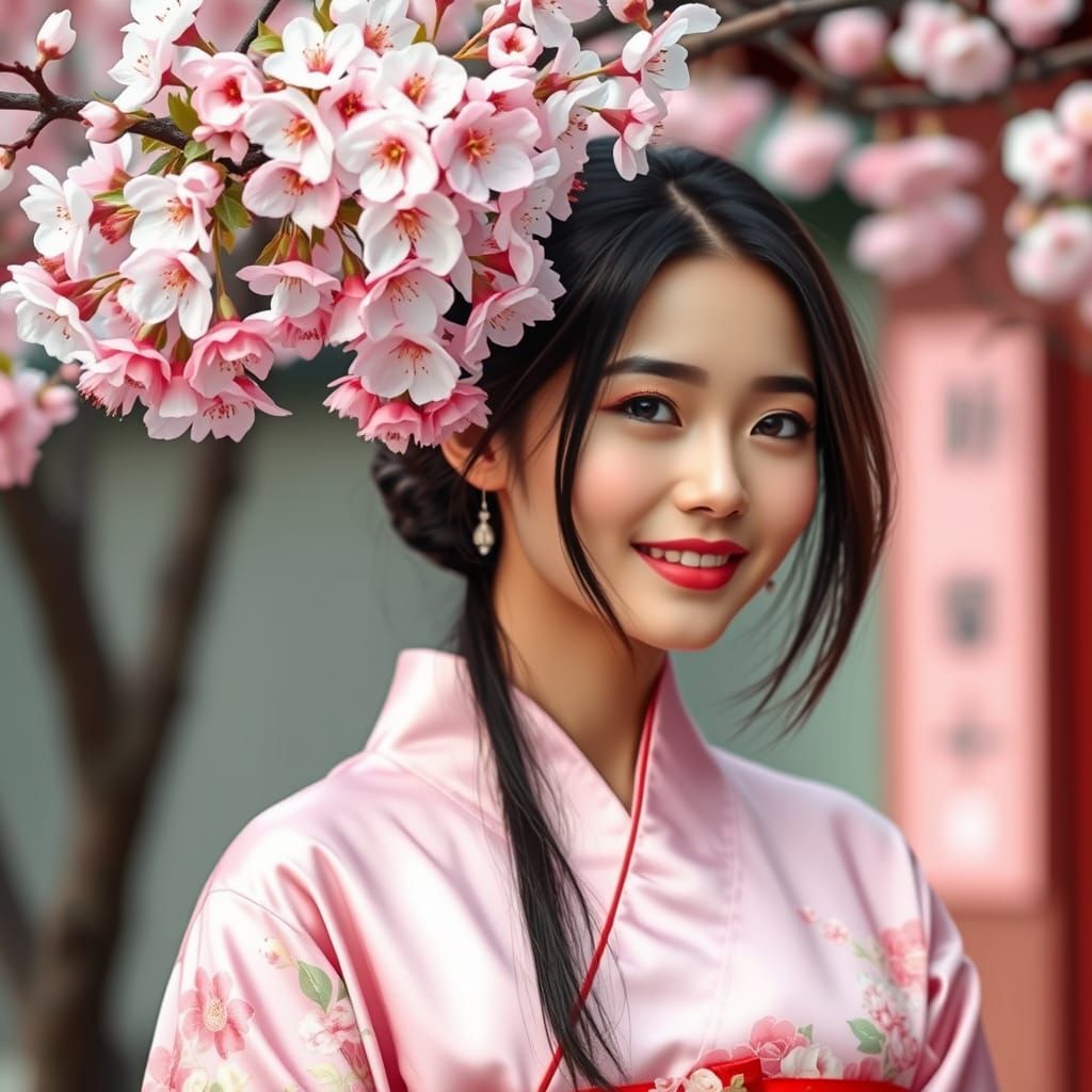Chinese Girl Adorns Cherry Blossom with Vibrant Pink Kimono