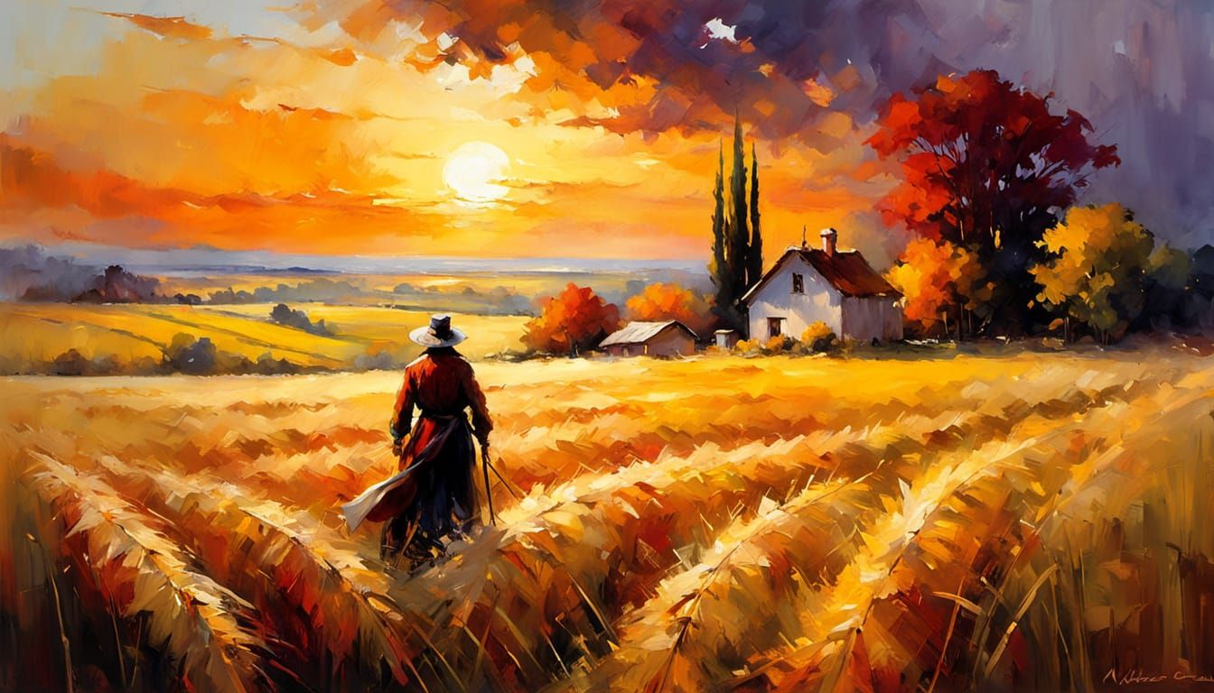 Rustic Scarecrow in Golden Wheat Field at Sunset