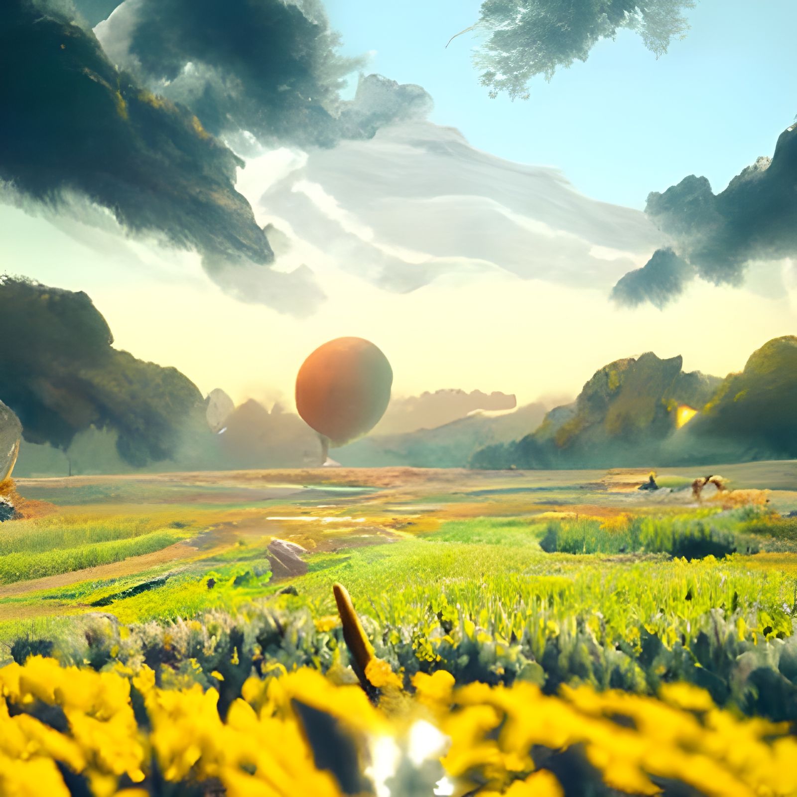 Balloons over Field in Romanticism Style