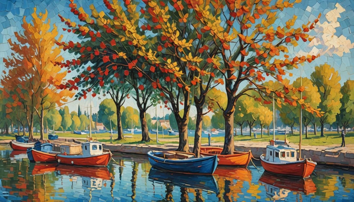 Red Boats at Argenteuil: Neo-Impressionist Oil Painting