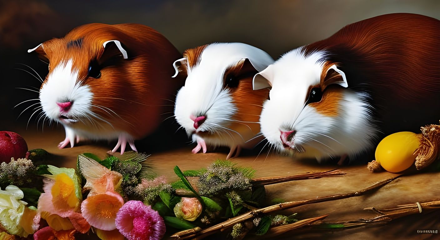 guinea pigs, flowers and fruit