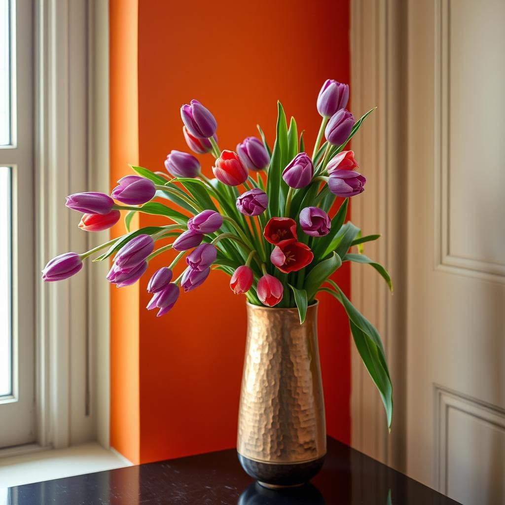 Ikebana Tulips in Copper Vase, Mapplethorpe Style