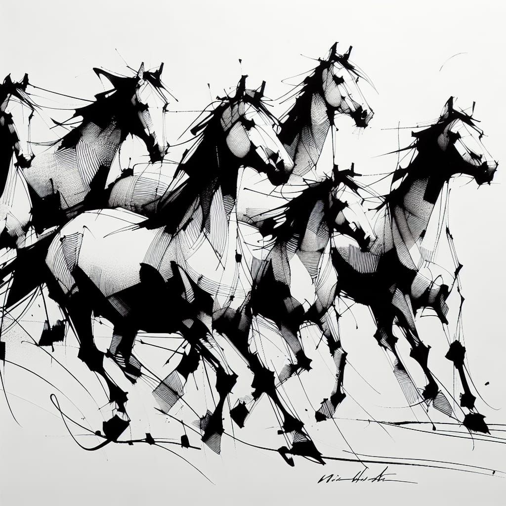Expressive Black and White Wild Horses Sketch