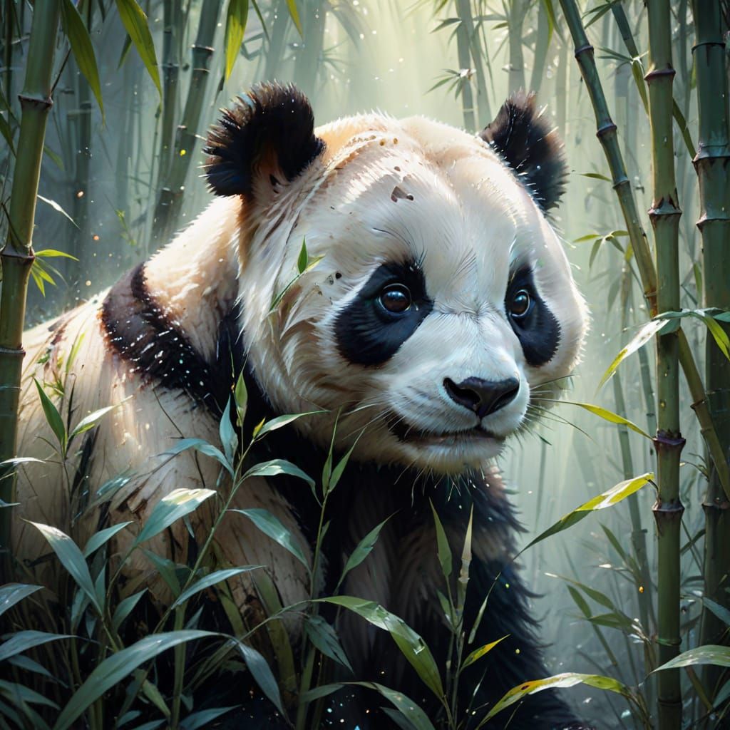 Cute Panda and Baby in Watercolor Bamboo Forest