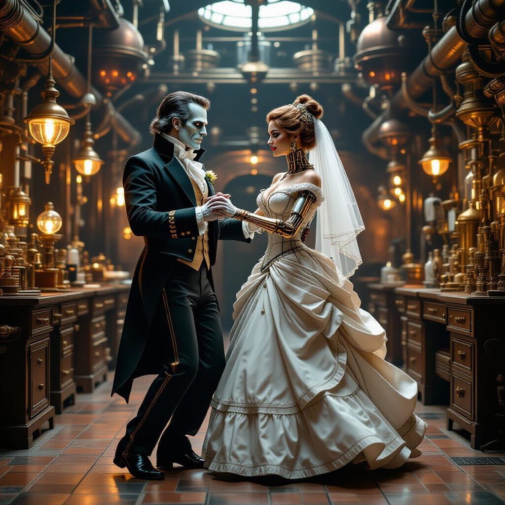 Steampunk Frankenstein's Bride Waltzing in Lab