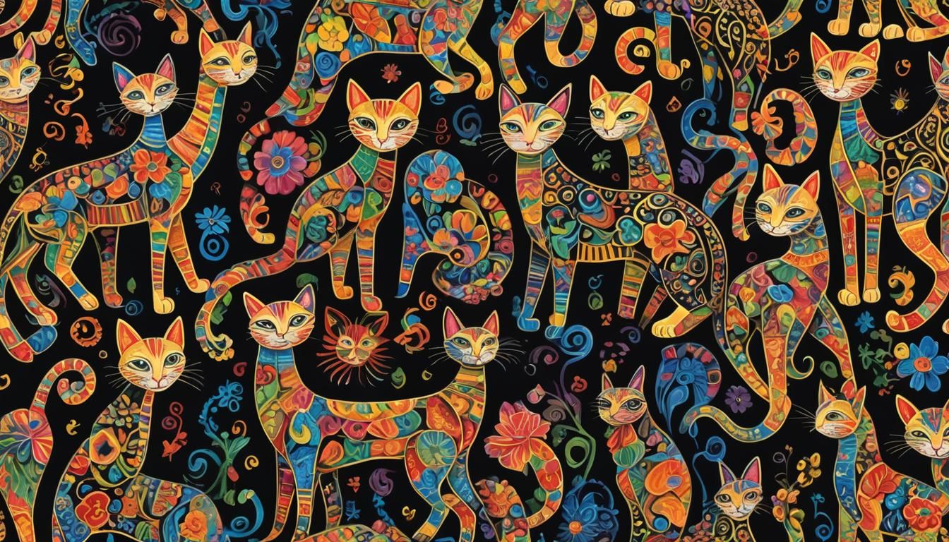 Rainbow Cats in Alebrije Style with Golden Ornaments