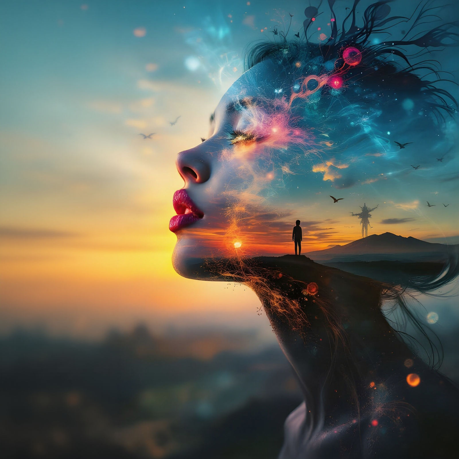 Psychedelic Double Exposure in Whimsical Sunset Colors