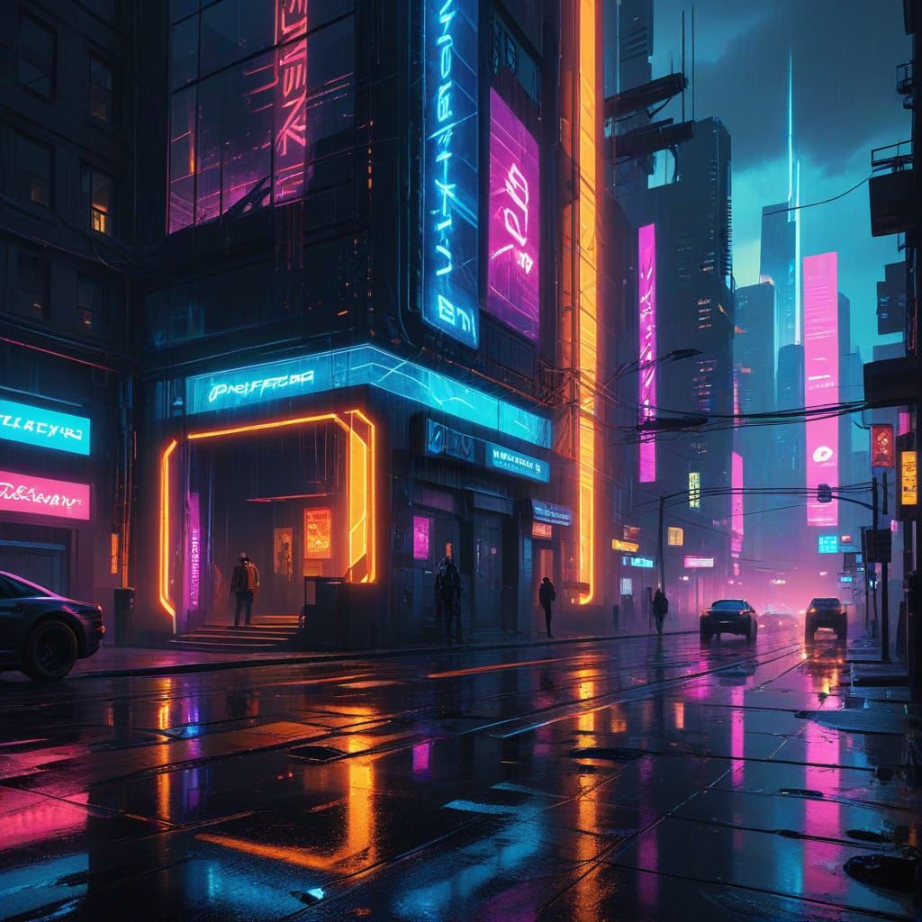 Cyberpunk Cityscape with Neon Gradients and Geometric Shapes