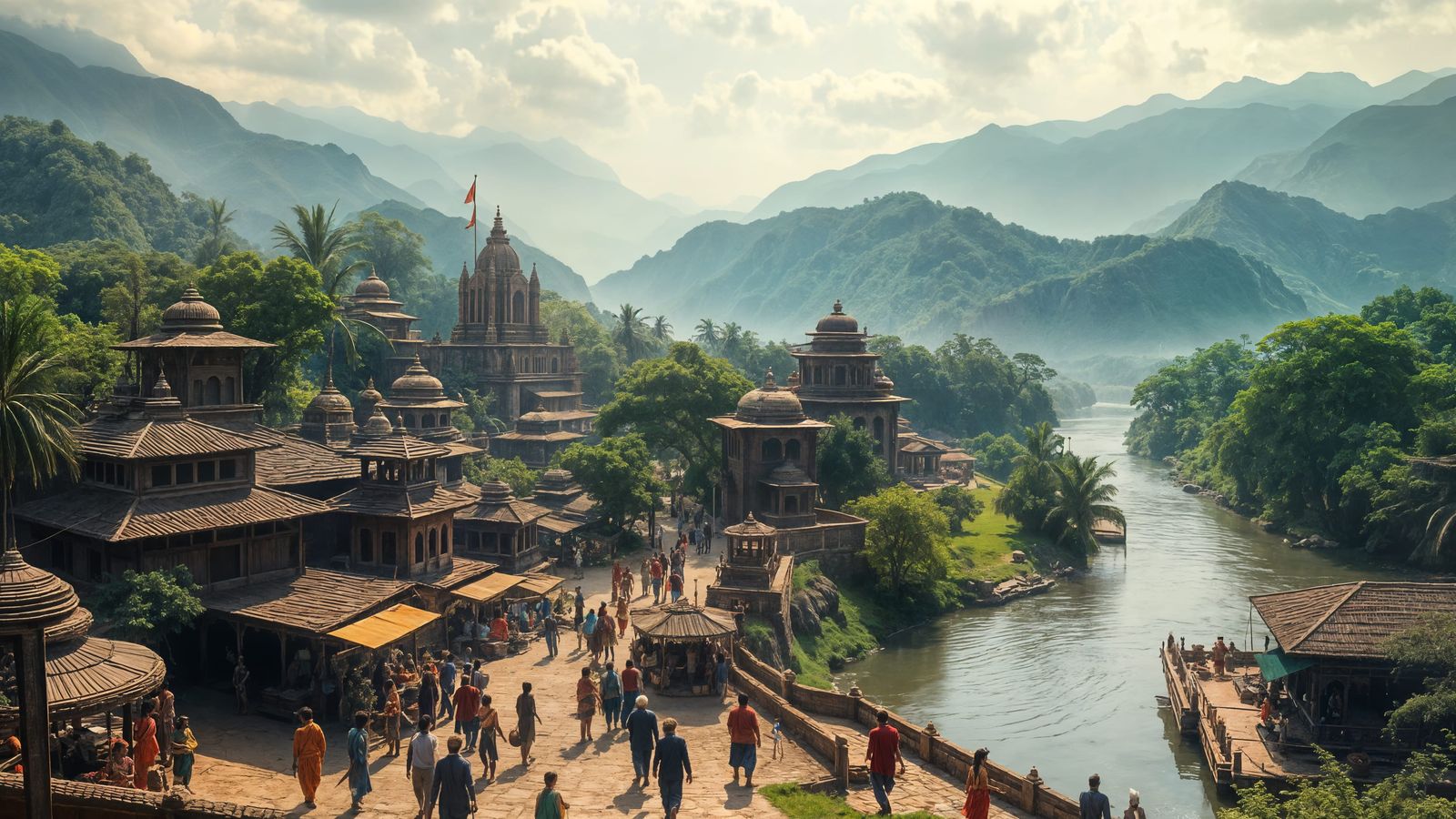 Ancient Indian Village Panorama in Vibrant Mahabharatha Atti...