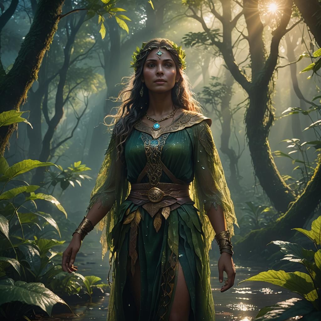 Mystical Woman Rhea in Lush Forest: Fantasy Concept Art