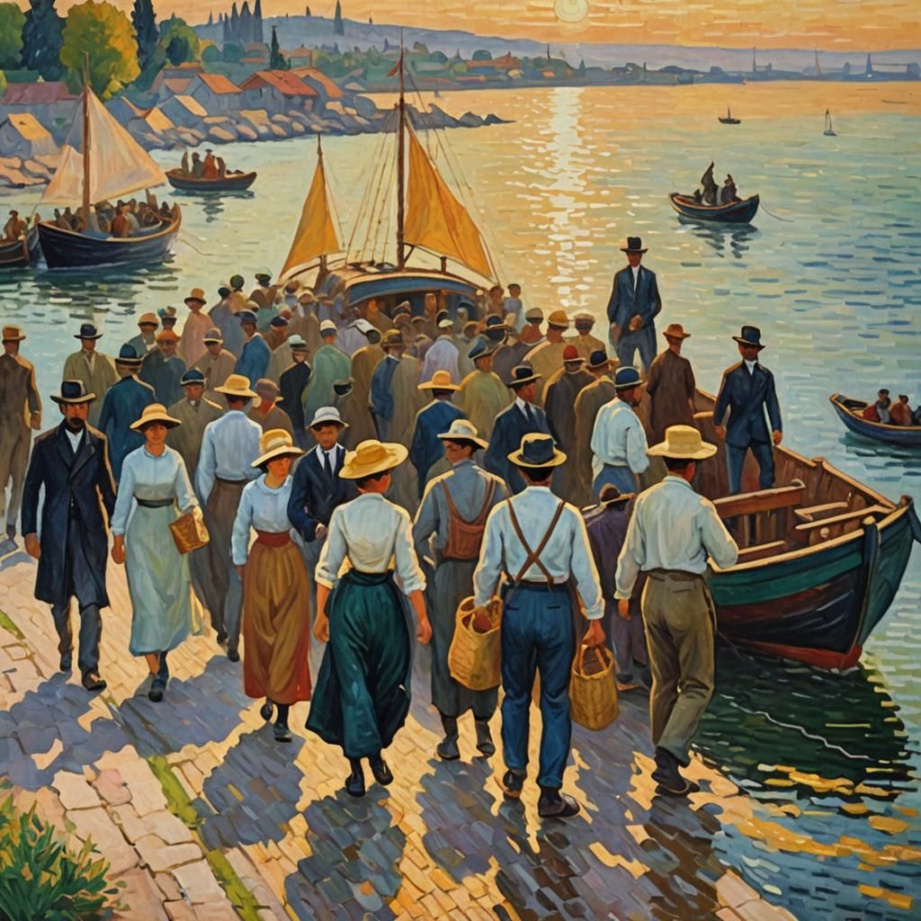 Immigrants Arriving: Neo-Impressionist Oil Painting