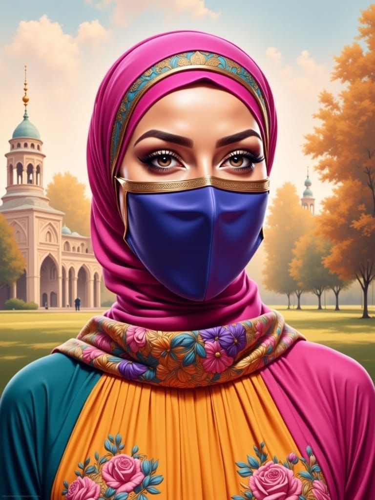 Elegant Woman in Hijab with Impressionist Garden Backdrop
