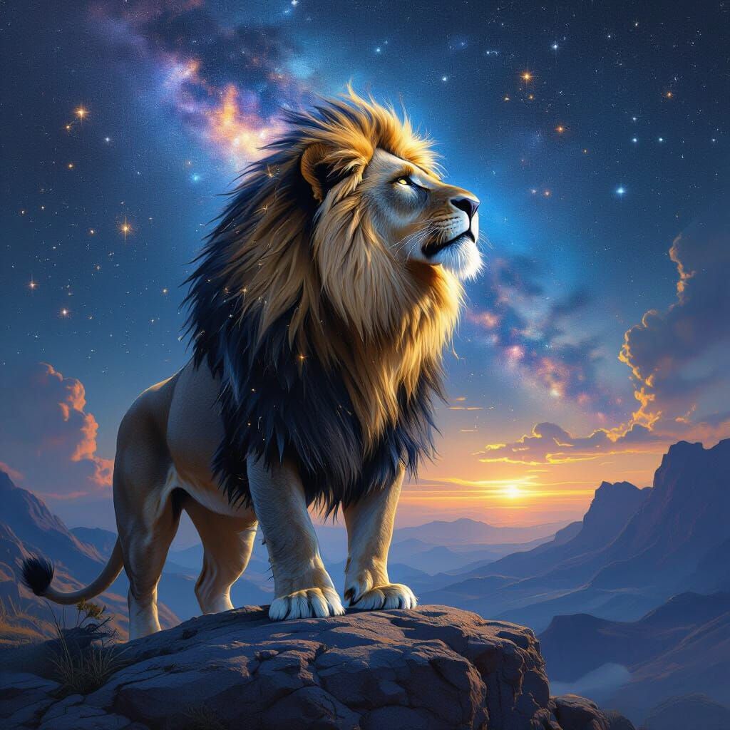 Cosmic Lion with Stardust Mane Under Galaxy