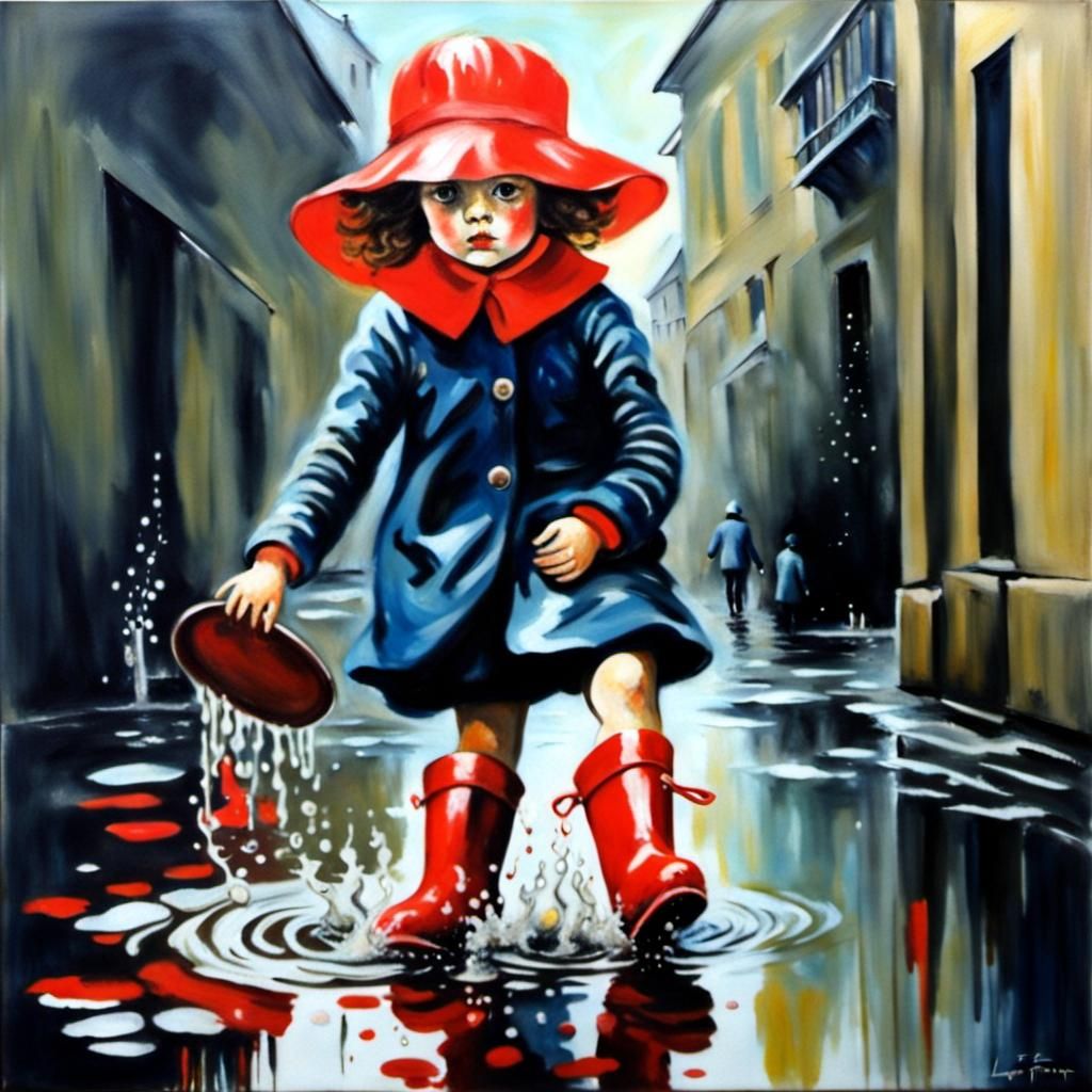Girl in Red Boots Splashing: Acrylic Oil Painting