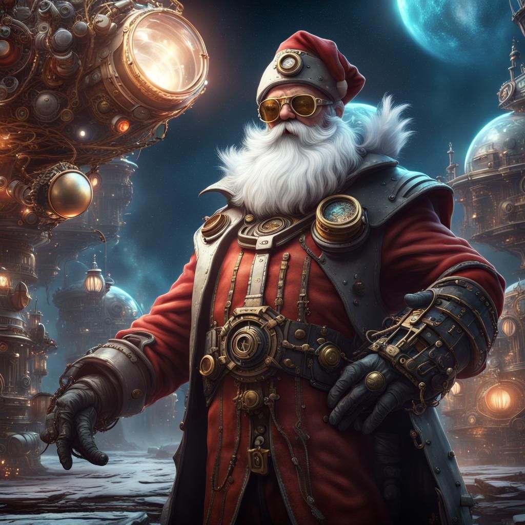 Steampunk Santa Claus in Space, Detailed Matte Painting