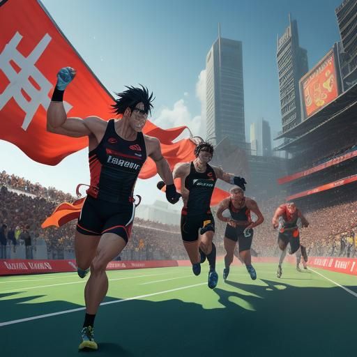 Anime Runners Cross Finish Line at Golden Hour