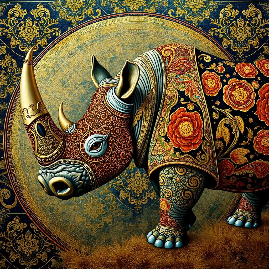 Ornate Rhinoceros Painting in Gustav Klimt Style