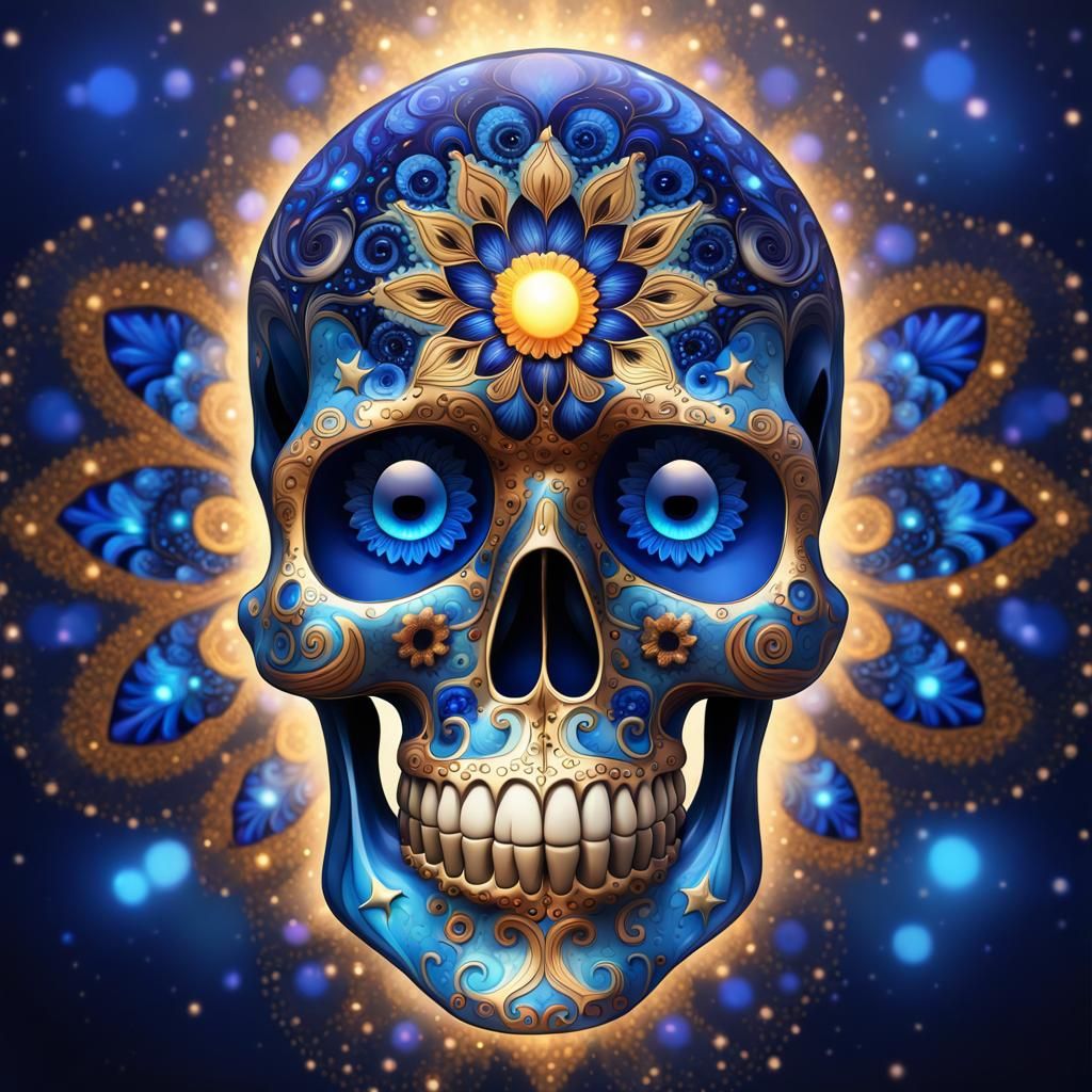 Blue Galaxy Glass Skull with Fractal Patterns