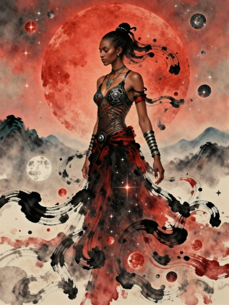 Melanated Jedi Woman Dancing in Celestial Ink Style