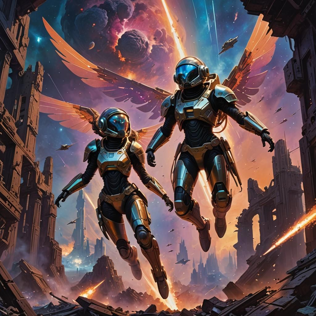 Android Warrior Soaring Through Ruined World