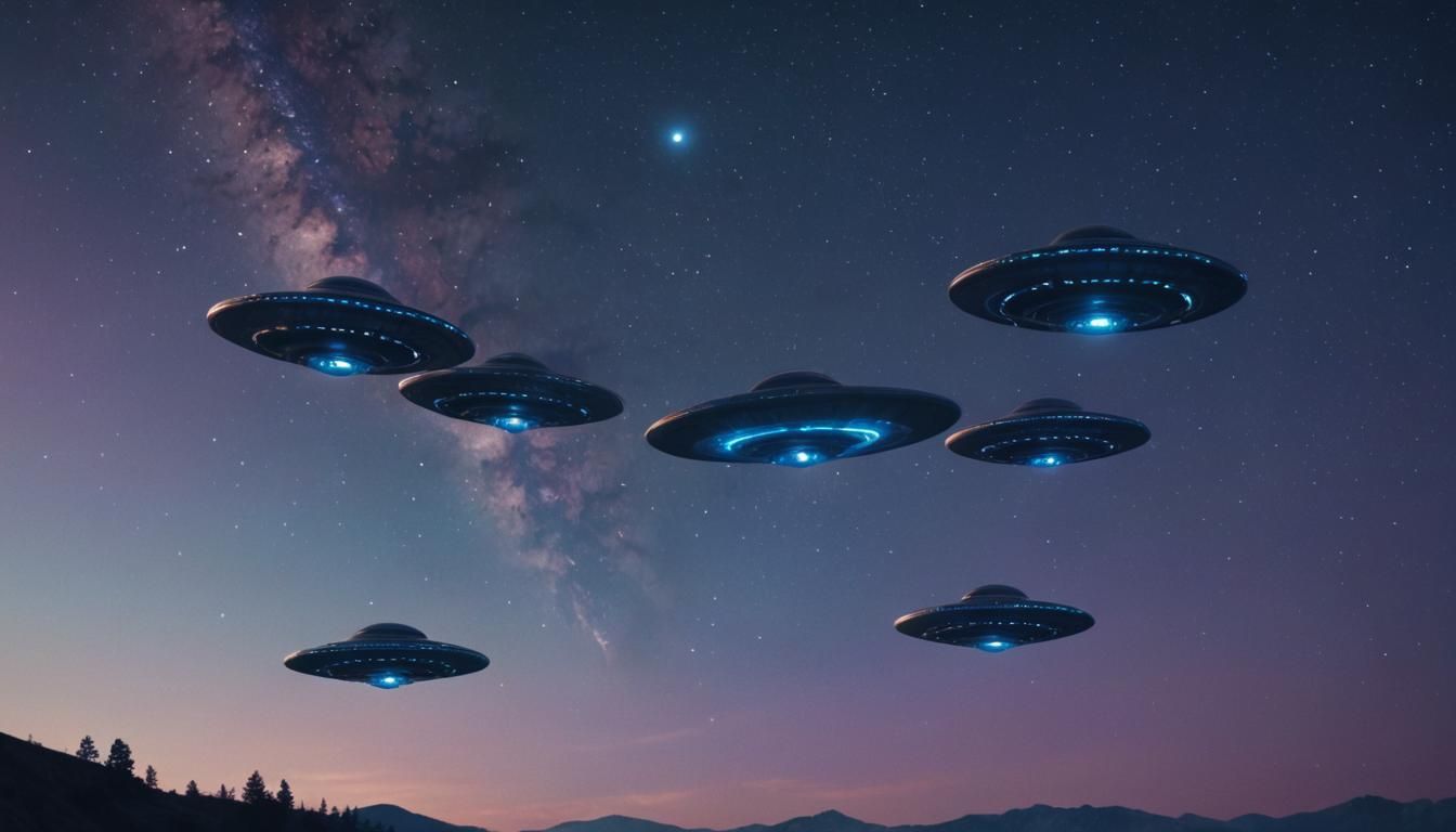 Flying Saucers in Starry Sky: Cinematic Film Still
