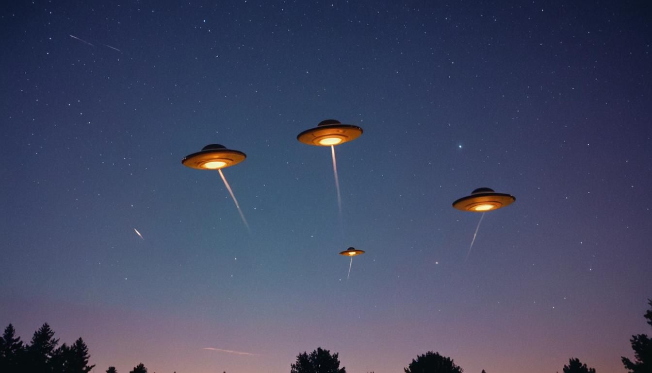 Three Flying Saucers in Starry Night Sky