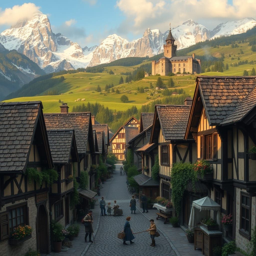 Swiss Alps Medieval Village Digital Matte Painting
