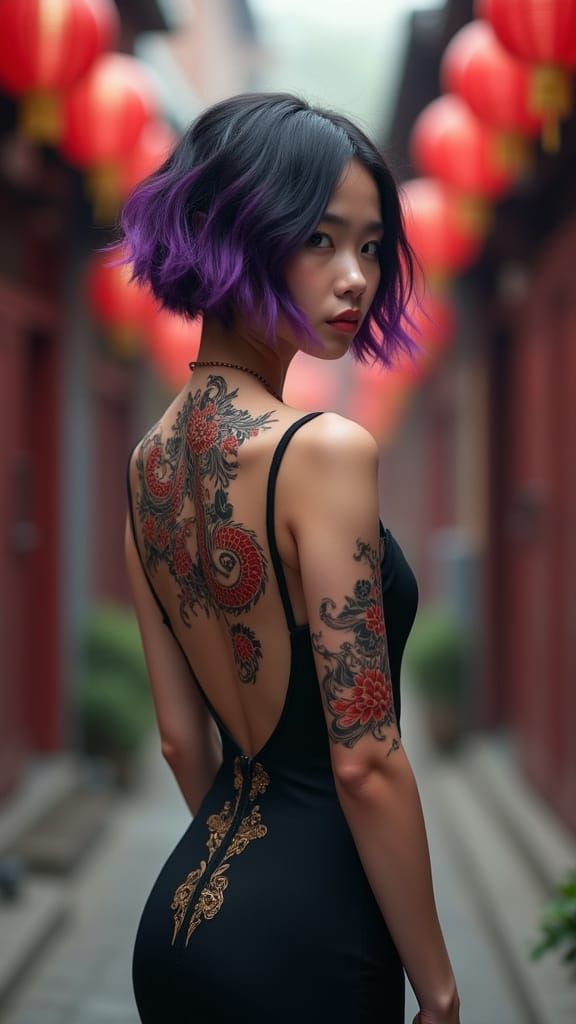 Woman with Dragon Tattoo in Hyperrealistic Style