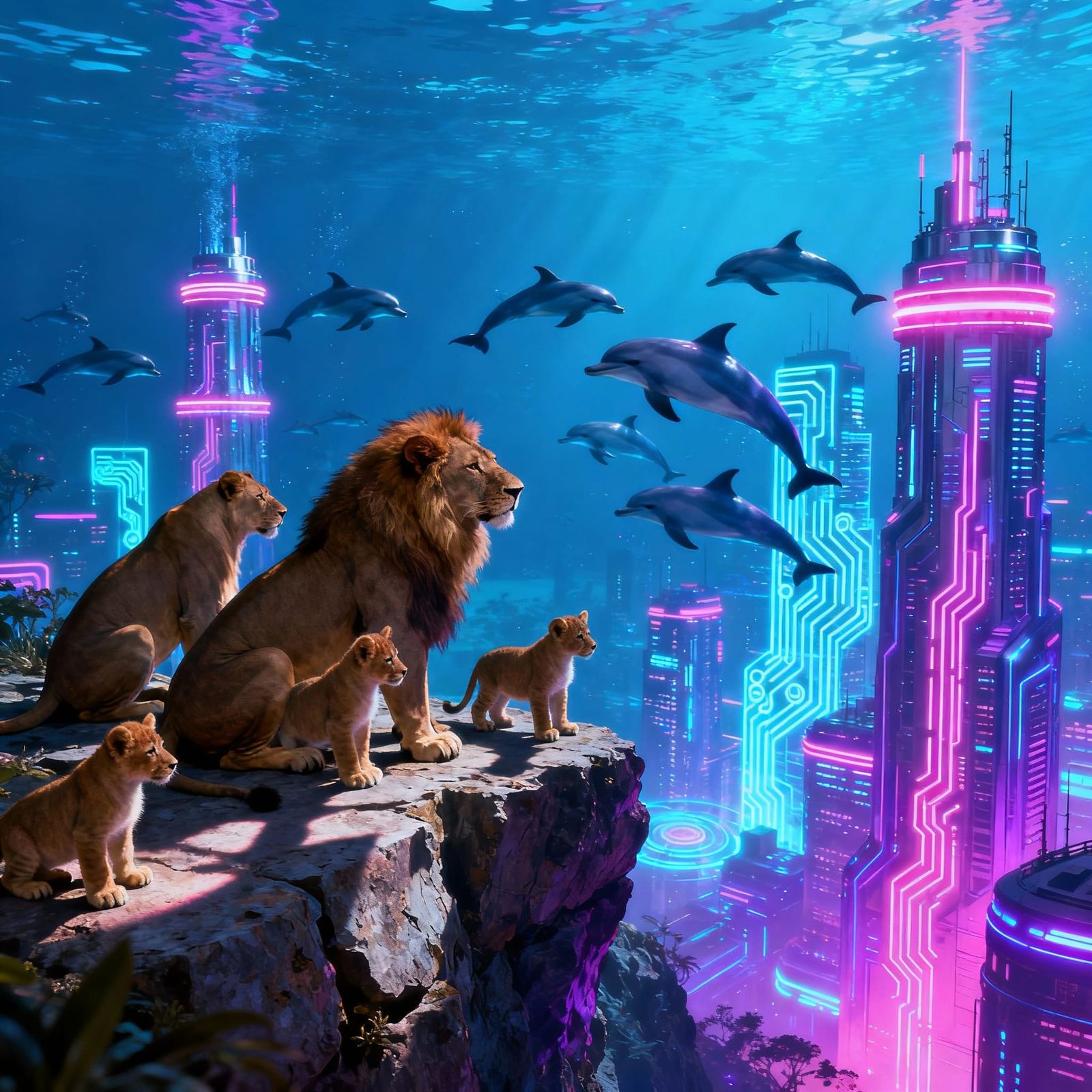 Lions and Dolphins in a Neon Underwater City