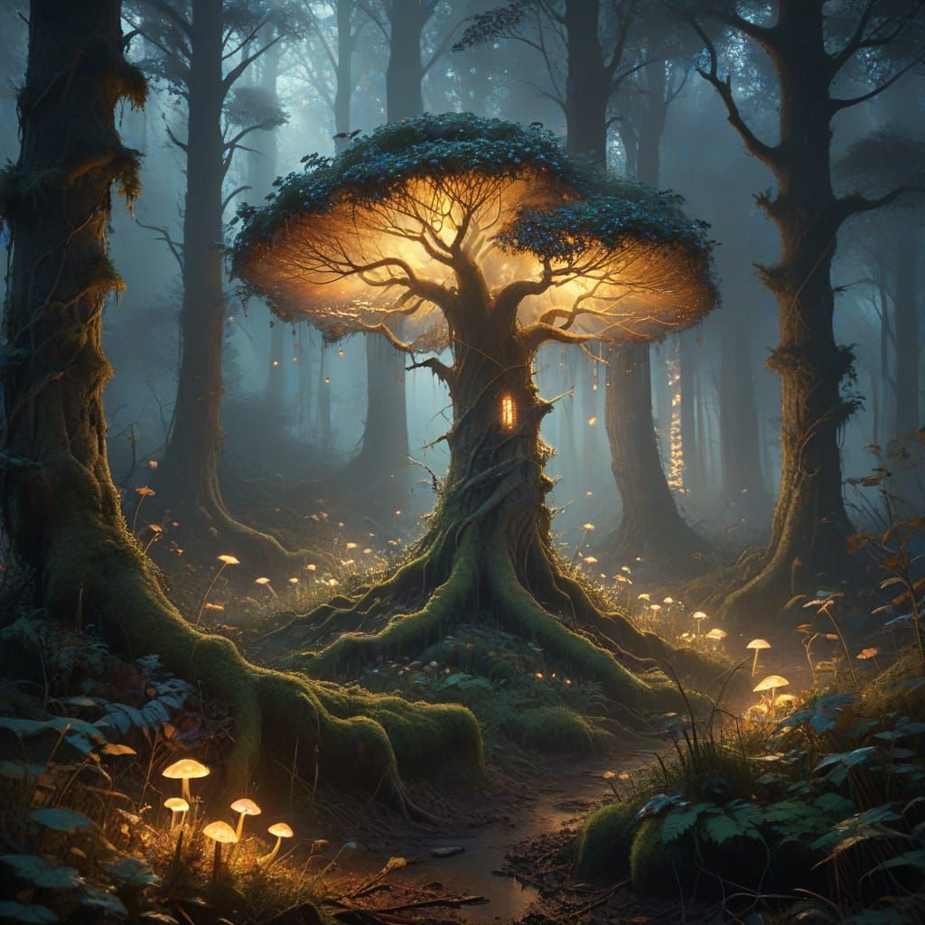 Twisted Tree Amidst Glowing Mushrooms in a Dark, Mystical Fo...