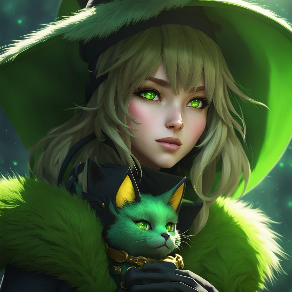 Green Feline Witch in Detailed 3D Anime Art