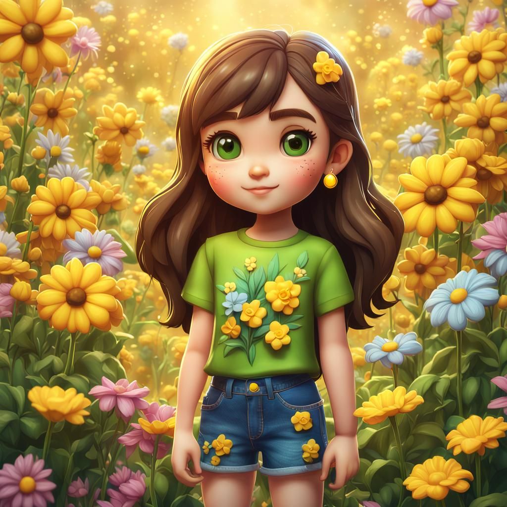 Chibi Girl with Emoji Tee in Detailed Digital Art