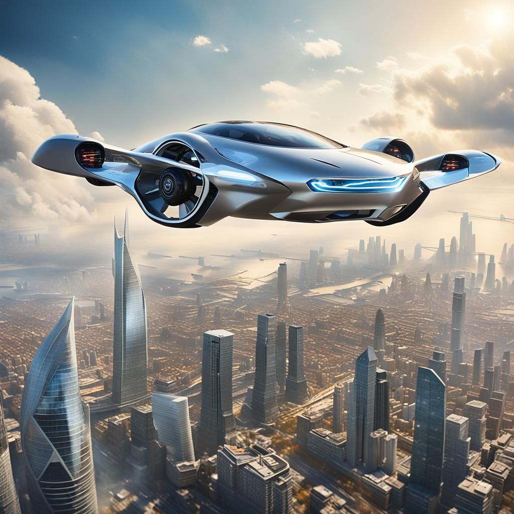 Futuristic Flying Car Soaring Over Cityscape in 16K