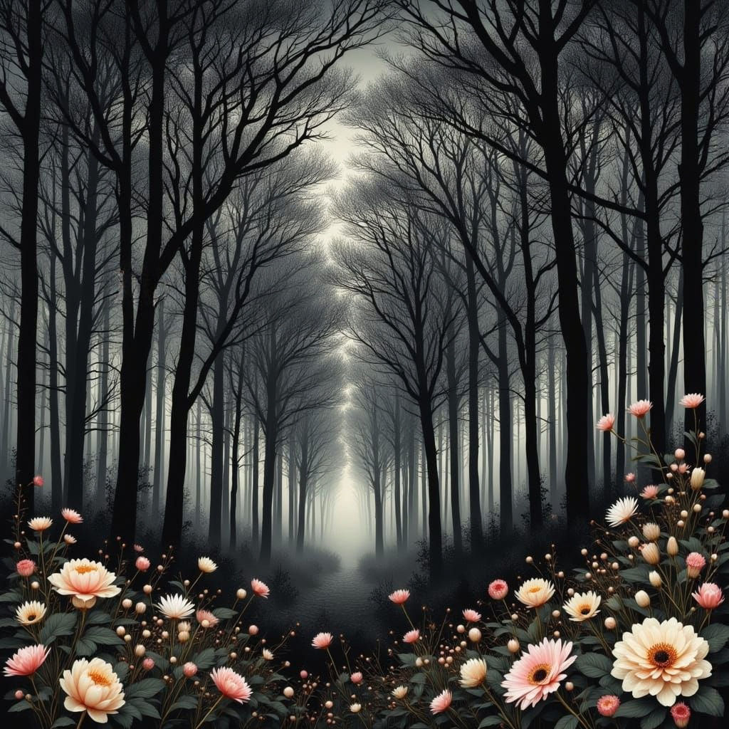 Mysterious Dark Forest in Silhouette with Vibrant Floral Acc...