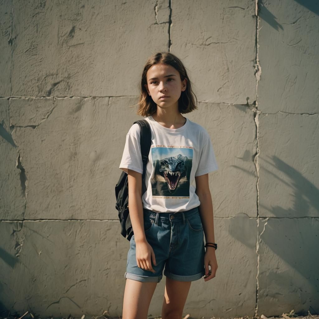Cinematic Film Still: 13-Year-Old Girl in T-Shirt