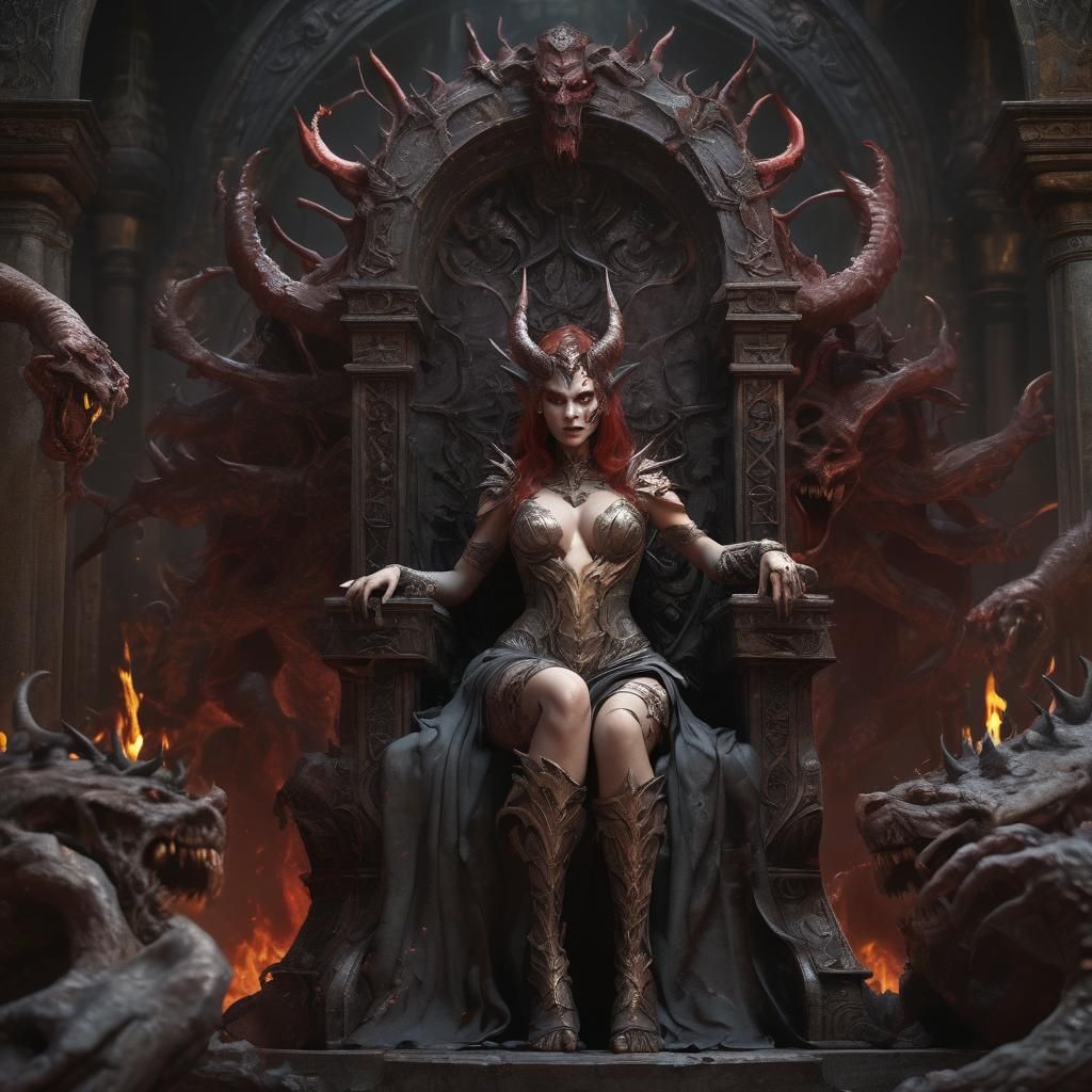 Wrathful Demoness on Throne: Detailed Matte Painting