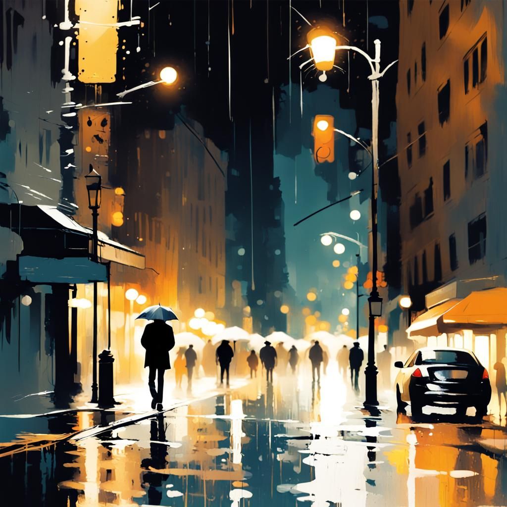 Rainy Downtown New York Night in Expressive Brushstrokes