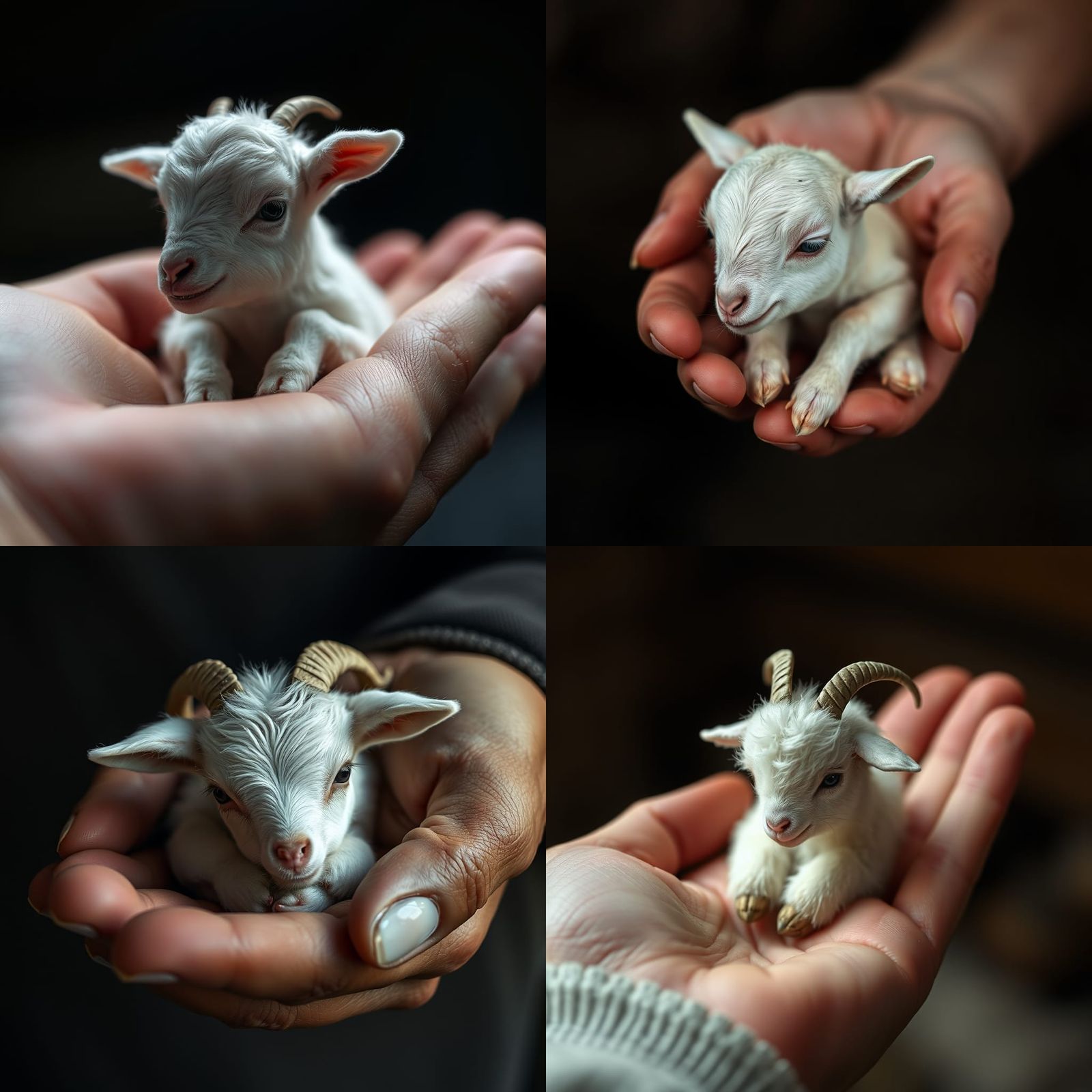 Hyperrealistic Tiny White Goat in Human Hand