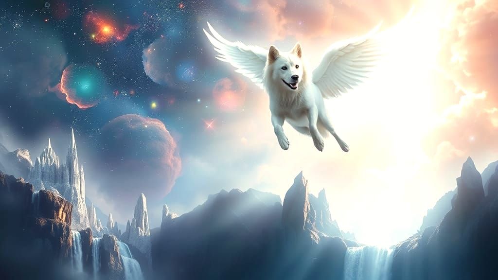 Celestial Dog Soaring Through Nebula Dreamscape