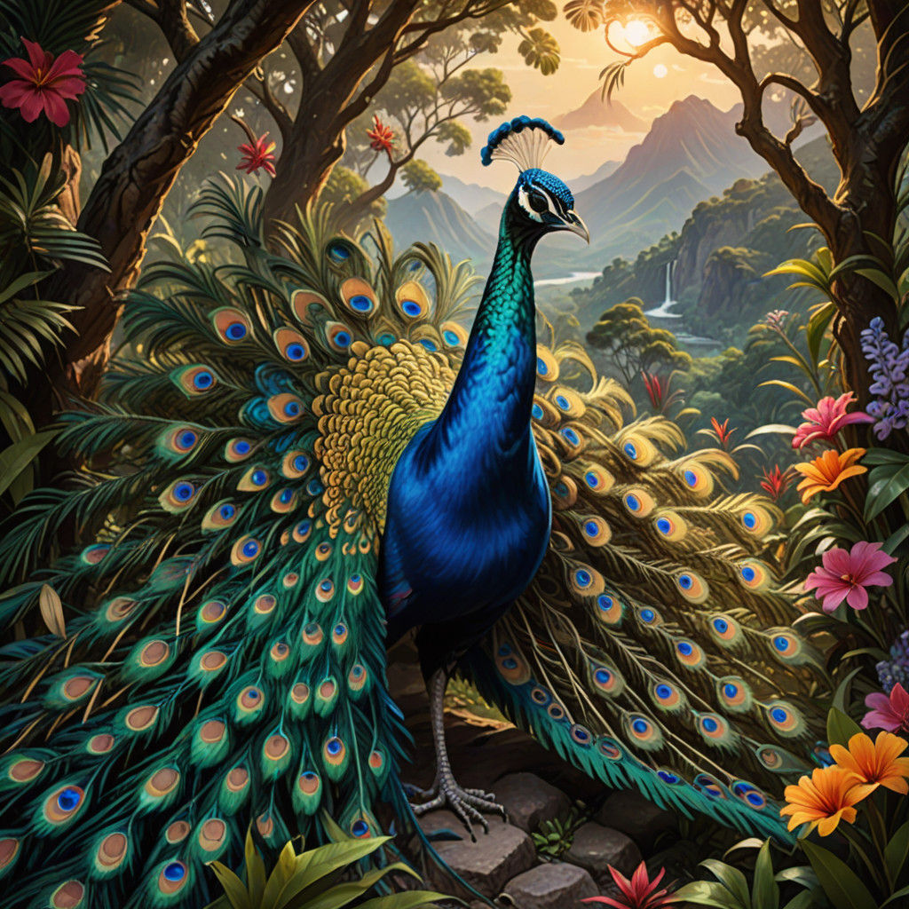 Hyper-Realistic Peacock Portrait in Tropical Paradise