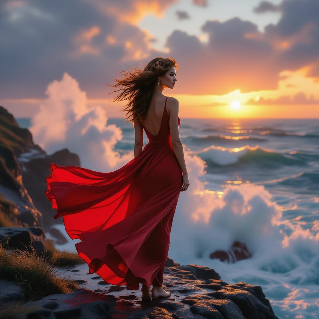 Woman on Cliffside: A Romantic Landscape Painting