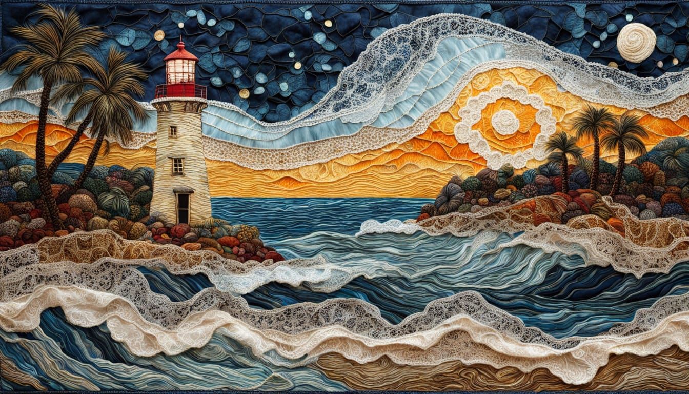 Intricate Textile Seascape Collage with Lighthouse and Waves