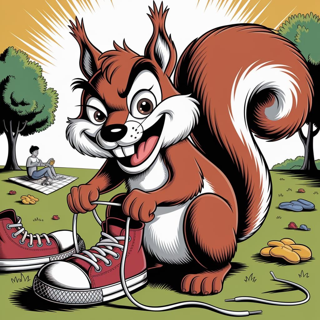 Mischievous Cartoon Squirrel Tying Shoelaces in Park