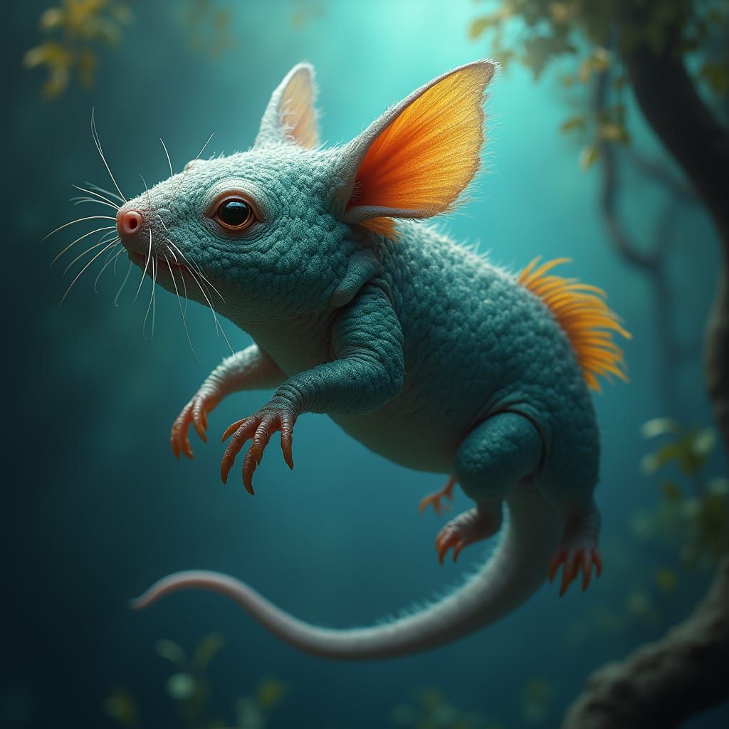 Fantastical Hybrid Creature in a Dreamlike Blue-Green World