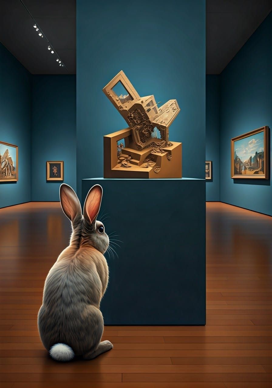 Rabbit Contemplates Escher-Inspired Art in Modern Gallery