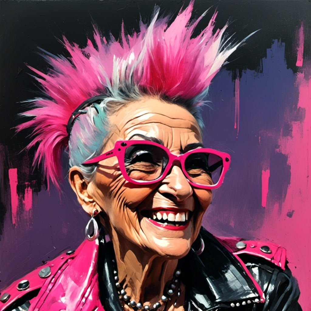 Punk Granny with Mohawk in Impressionistic Style