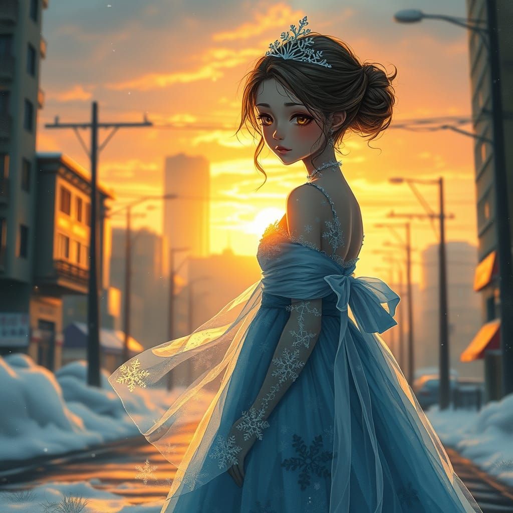 Snow Princess in Urban Sunset: Gouache and Watercolour