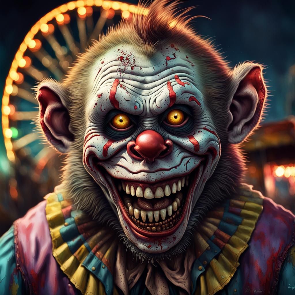 Zombie Monkey Clown in Abandoned Carnival, Digital Painting